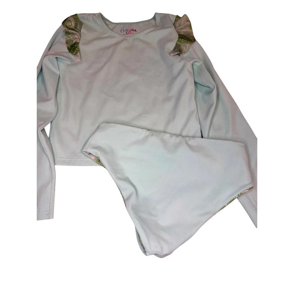 Curuba Mint ReversibleRash Guard Set Kids Seahorse Ruffle‎ Swimsuit 8-10